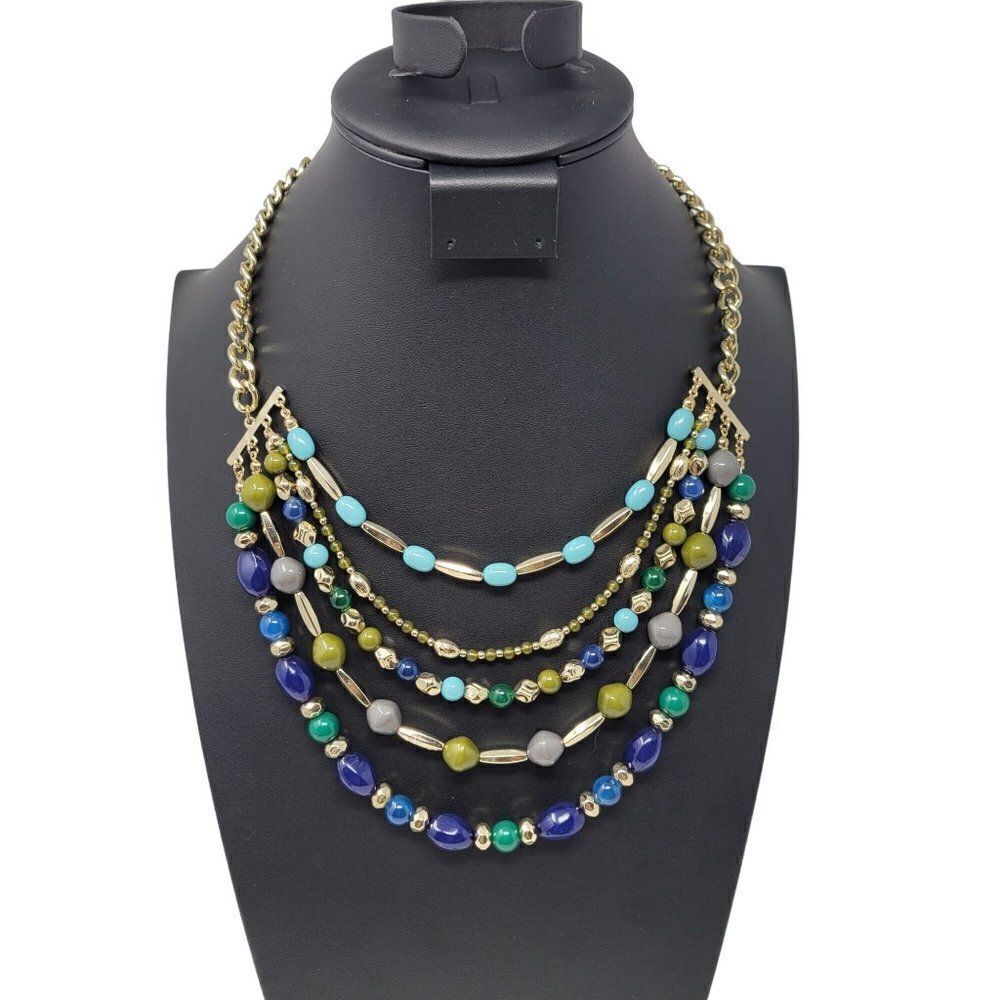 Multi Strand Layered Bib Chocker Necklace 5 Strand Beaded Blue Gold Green Gift